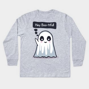 Hey Bootiful, Cute Kawaii Ghost Kids Long Sleeve T-Shirt